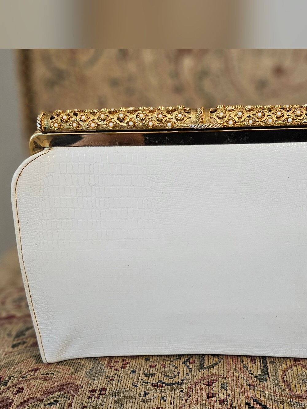 VTG 1950s/1960s After Five White Clutch with Gold Beaded Frame